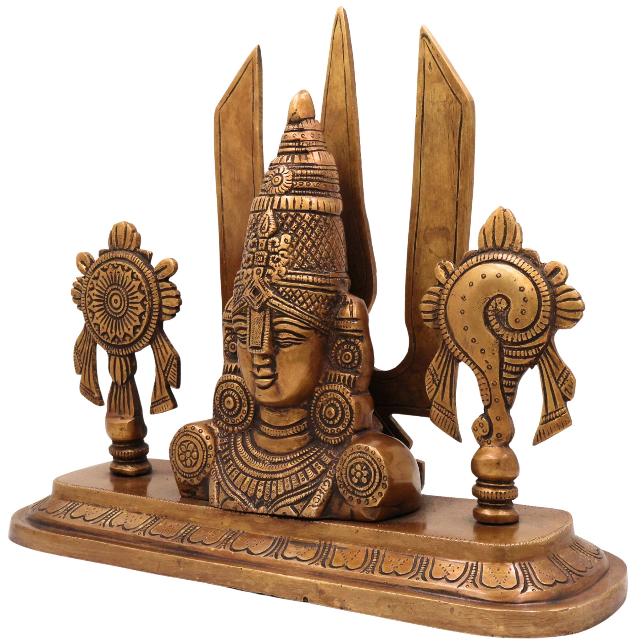 Brass Balaji Face Idol, Handcrafted Gold Murti, Lord Venkateswara Sculpture with Shanka, Chakra & Namam for Pooja, Home Decor & Gifts, Gold, 10 Inch, 1 Piece