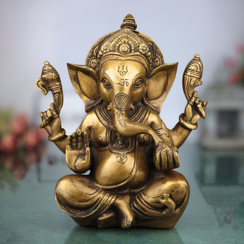 Brass Ganesha Idol | Vinayaka Murti | Handmade Ganapati Sculpture |Ekadanta Spiritual Decor, Gold, 9 Inch, 1 Piece