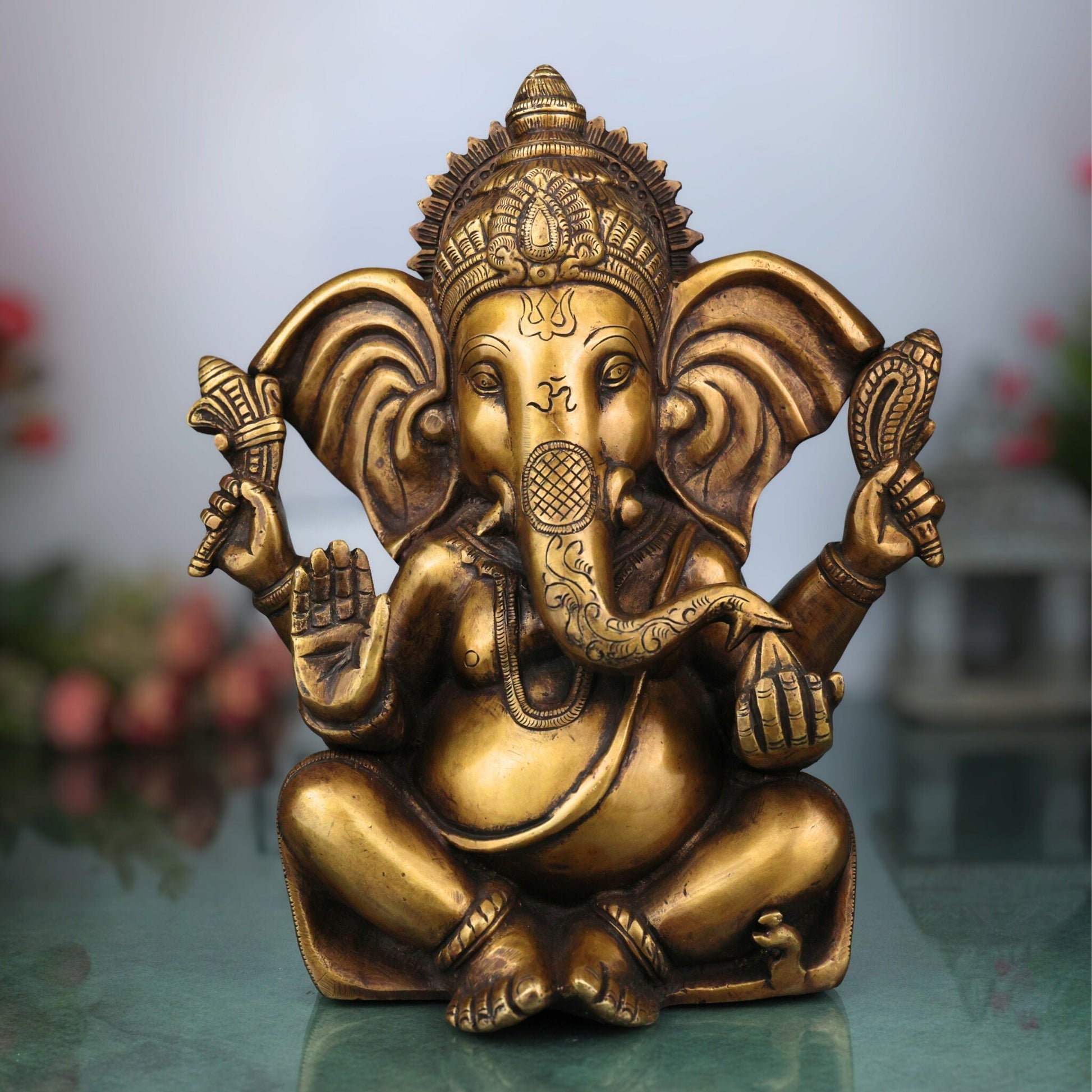 Brass Ganesha Idol, Handcrafted Ganapati Murti, Vinayaka Statue, Hindu Elephant God Sculpture for Pooja, Home Decor & Gifts, Gold, 11 Inch, 1 Piece