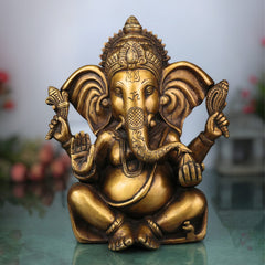 Brass Ganesha Idol, Handcrafted Ganapati Murti, Vinayaka Statue, Hindu Elephant God Sculpture for Pooja, Home Decor & Gifts, Gold, 11 Inch, 1 Piece