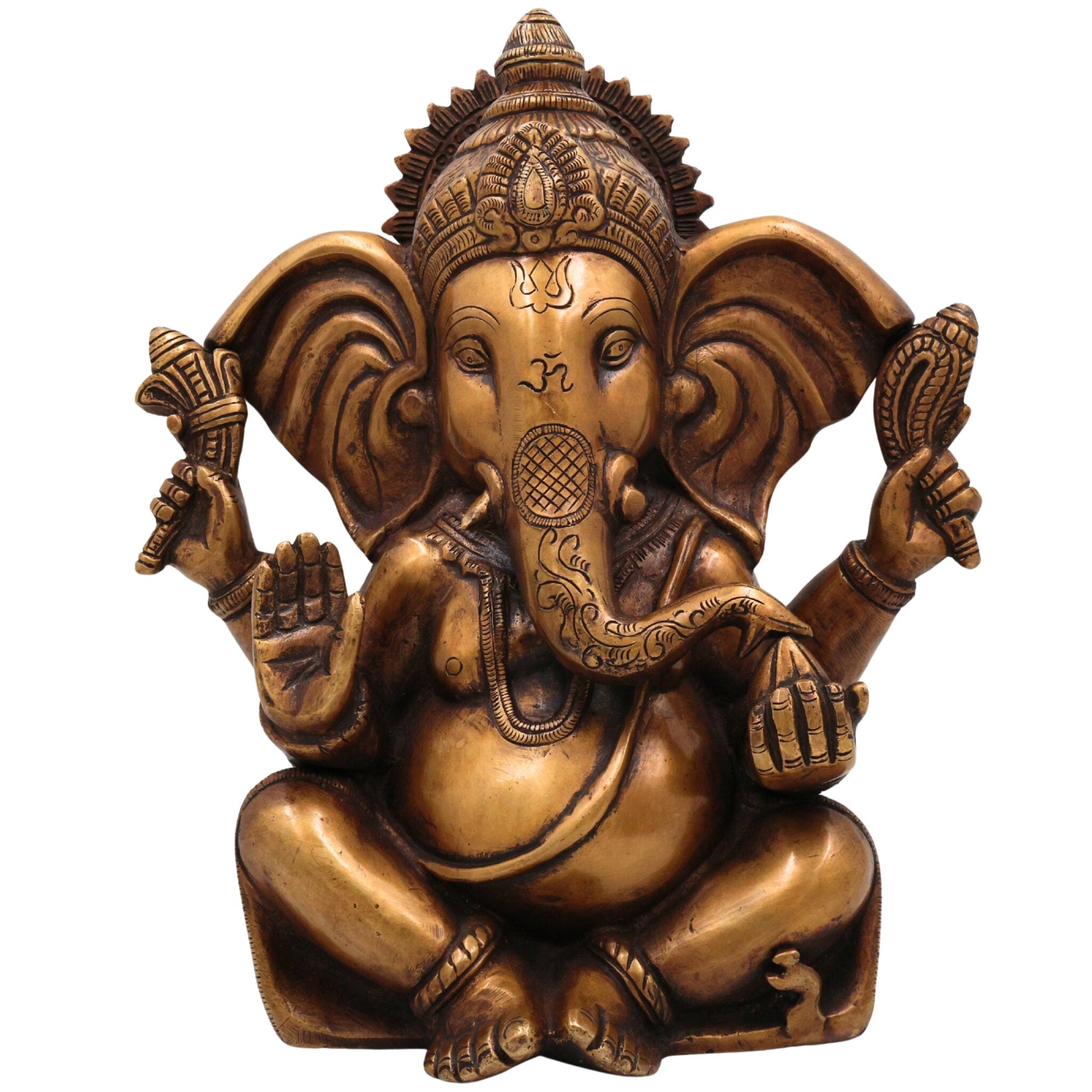 Brass Ganesha Idol, Handcrafted Ganapati Murti, Vinayaka Statue, Hindu Elephant God Sculpture for Pooja, Home Decor & Gifts, Gold, 11 Inch, 1 Piece