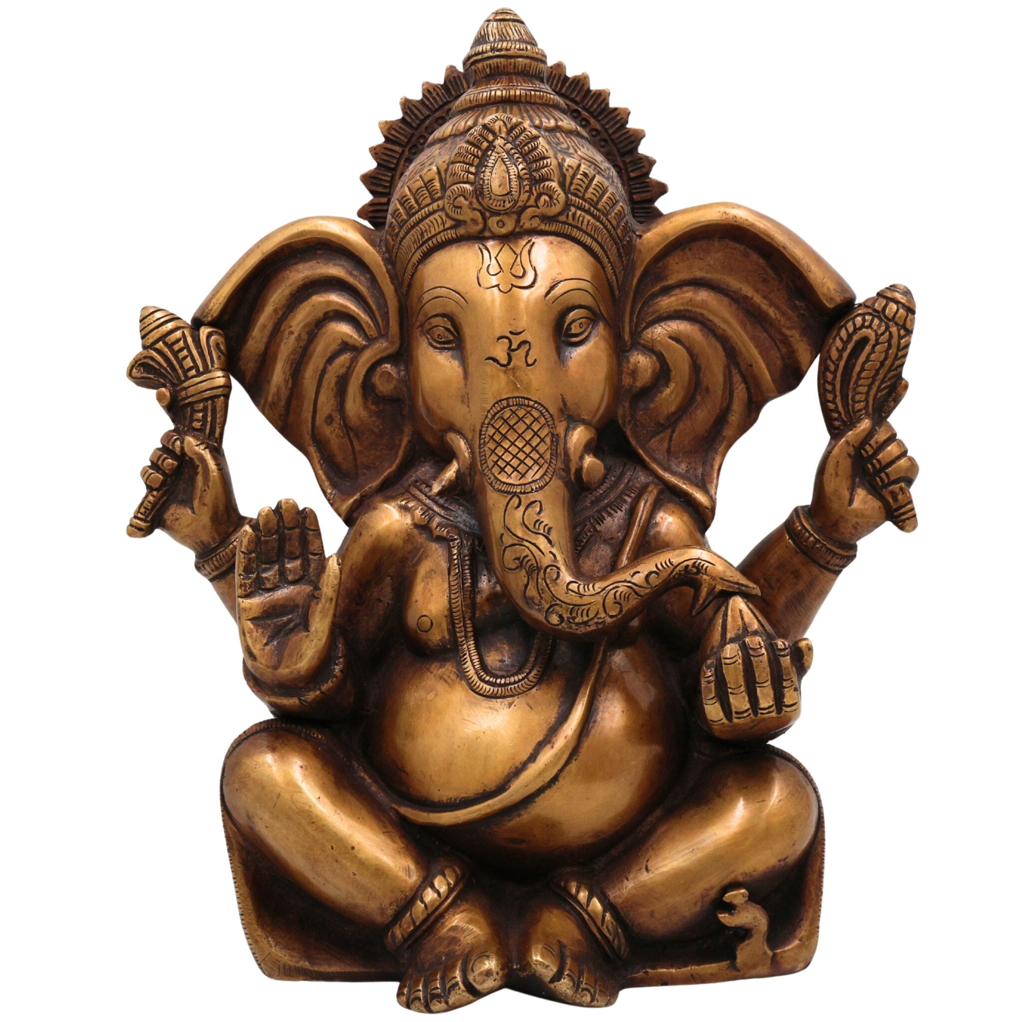 Brass Ganesha Idol, Handcrafted Ganapati Murti, Vinayaka Statue, Hindu Elephant God Sculpture for Pooja, Home Decor & Gifts, Gold, 11 Inch, 1 Piece