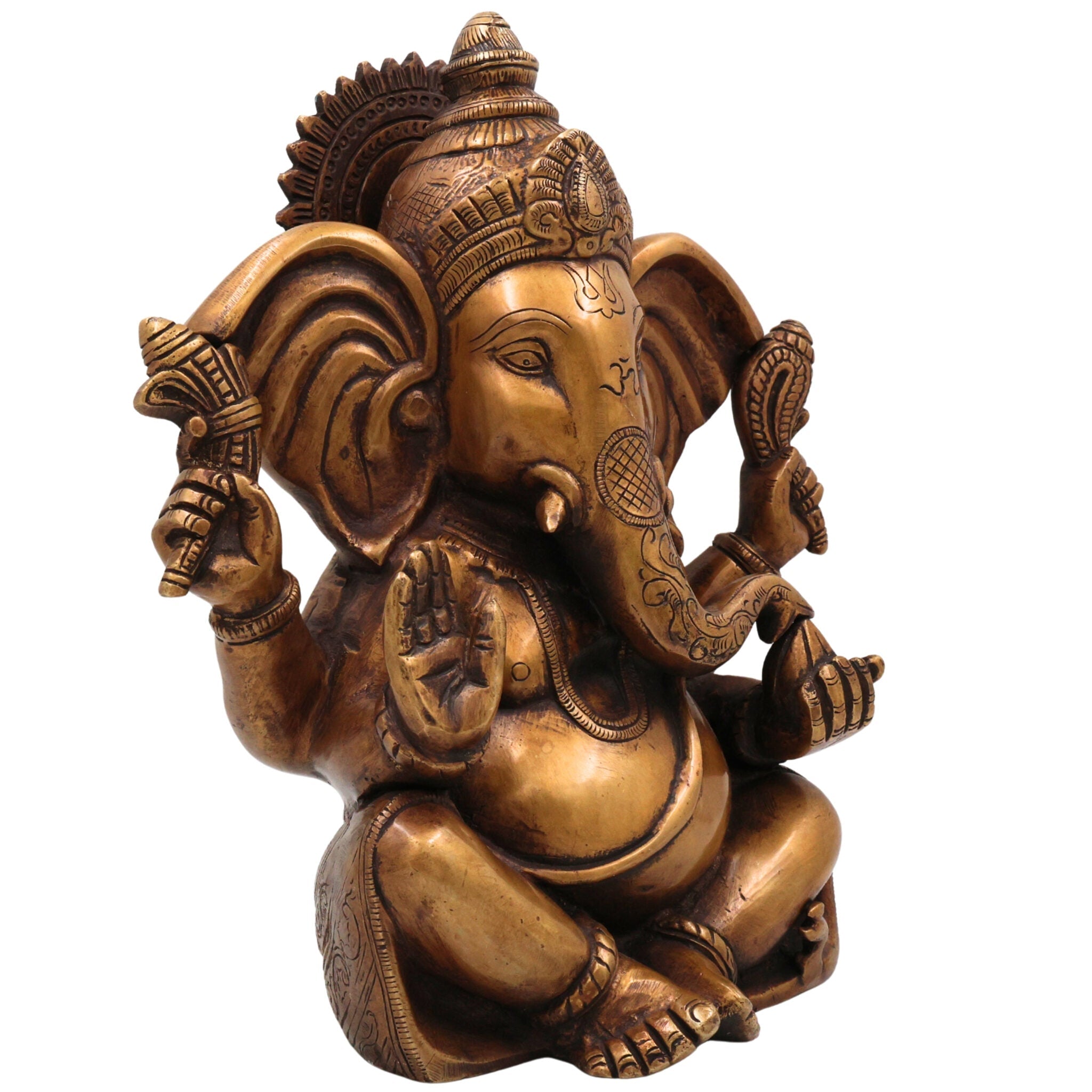 Brass Ganesha Idol, Handcrafted Ganapati Murti, Vinayaka Statue, Hindu Elephant God Sculpture for Pooja, Home Decor & Gifts, Gold, 11 Inch, 1 Piece