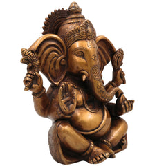 Brass Ganesha Idol, Handcrafted Ganapati Murti, Vinayaka Statue, Hindu Elephant God Sculpture for Pooja, Home Decor & Gifts, Gold, 11 Inch, 1 Piece