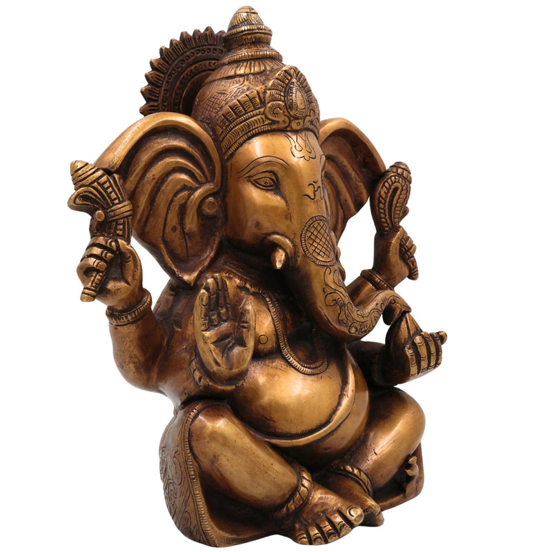 Brass Ganesha Idol, Handcrafted Ganapati Murti, Vinayaka Statue, Hindu Elephant God Sculpture for Pooja, Home Decor & Gifts, Gold, 11 Inch, 1 Piece