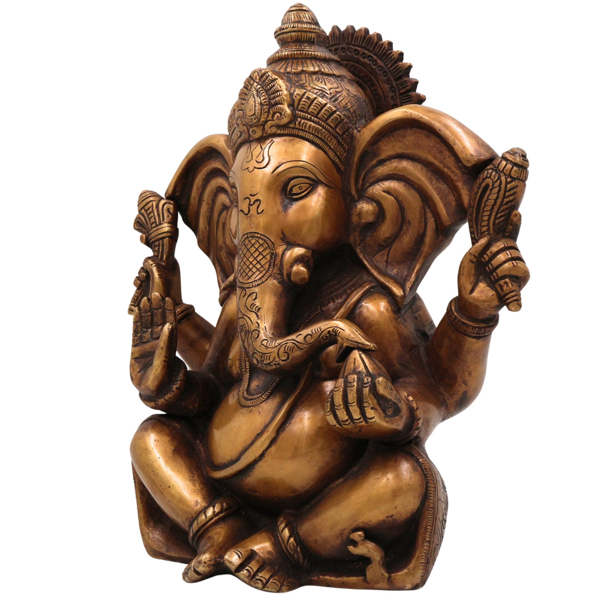 Brass Ganesha Idol, Handcrafted Ganapati Murti, Vinayaka Statue, Hindu Elephant God Sculpture for Pooja, Home Decor & Gifts, Gold, 11 Inch, 1 Piece