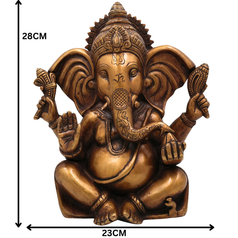 Brass Ganesha Idol, Handcrafted Ganapati Murti, Vinayaka Statue, Hindu Elephant God Sculpture for Pooja, Home Decor & Gifts, Gold, 11 Inch, 1 Piece