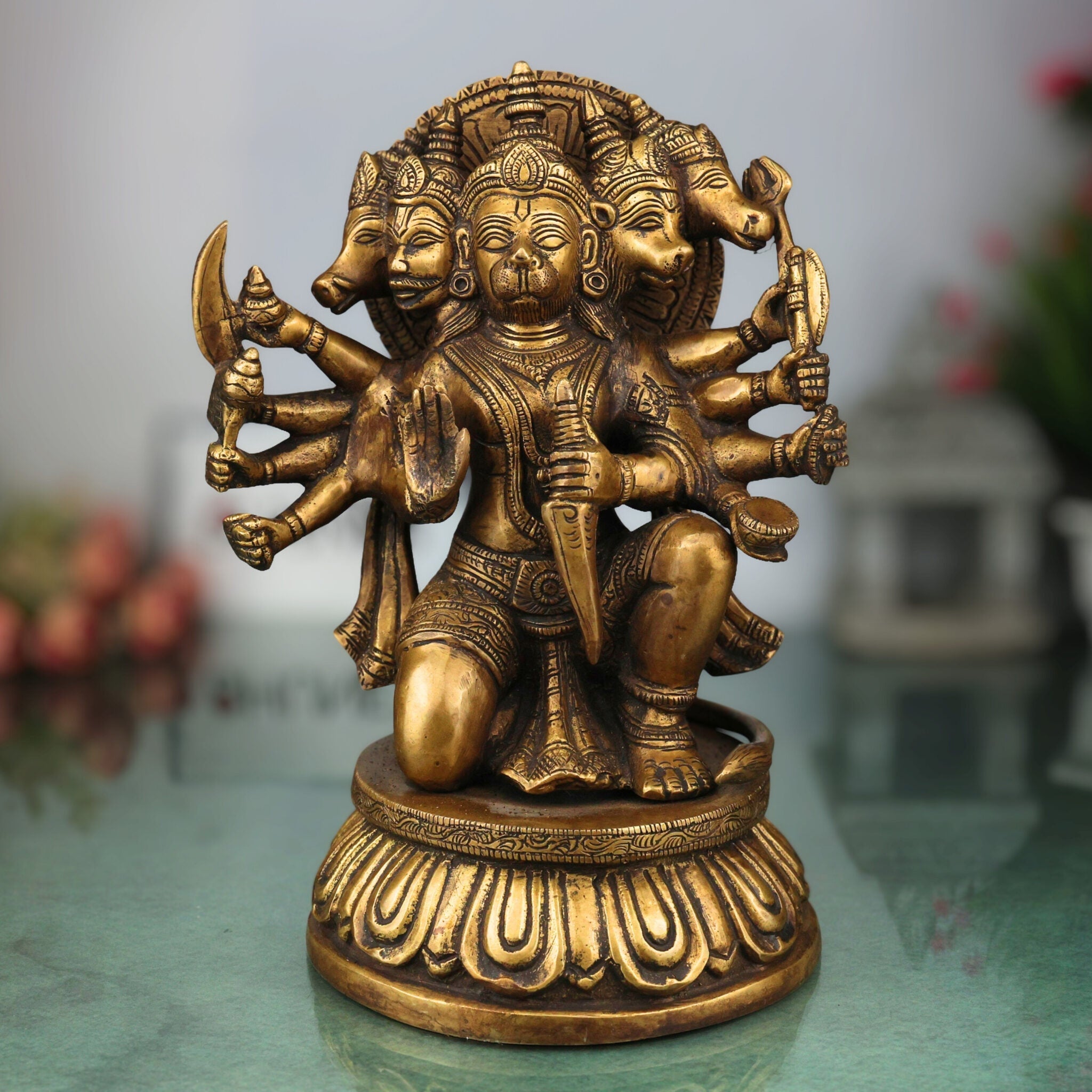 Brass Panchamukhi Hanuman Idol, Handcrafted Murti, Bajrangbali Five-Faced Statue, Anjaneya Sculpture for Pooja, Home Decor & Gifts, Gold, 10 Inch, 1 Piece