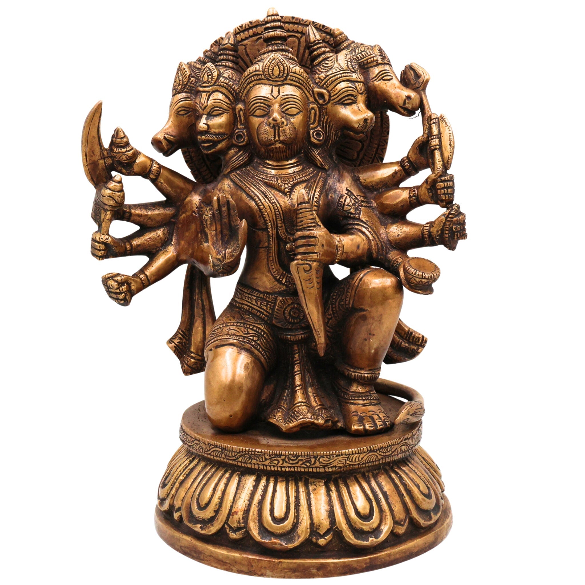 Brass Panchamukhi Hanuman Idol, Handcrafted Murti, Bajrangbali Five-Faced Statue, Anjaneya Sculpture for Pooja, Home Decor & Gifts, Gold, 10 Inch, 1 Piece