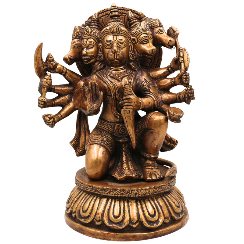 Brass Panchamukhi Hanuman Idol, Handcrafted Murti, Bajrangbali Five-Faced Statue, Anjaneya Sculpture for Pooja, Home Decor & Gifts, Gold, 10 Inch, 1 Piece