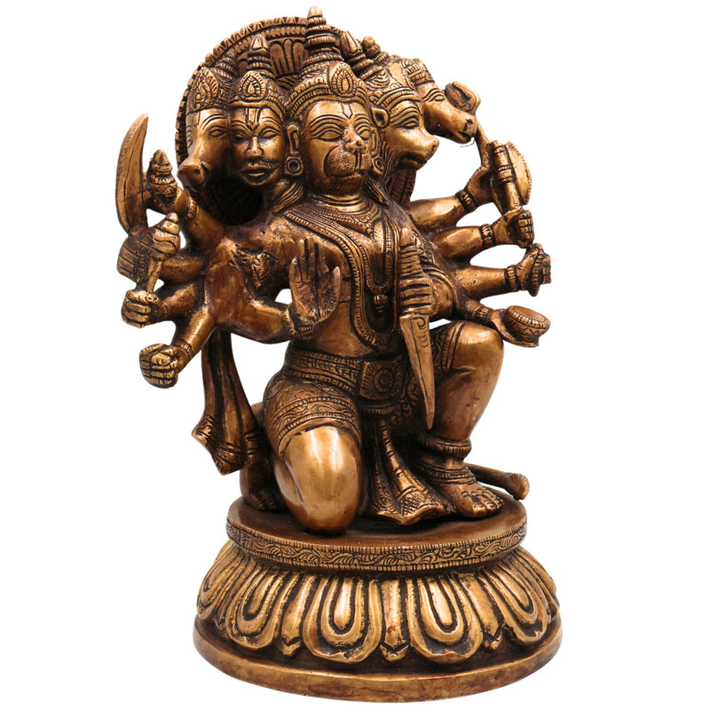 Brass Panchamukhi Hanuman Idol, Handcrafted Murti, Bajrangbali Five-Faced Statue, Anjaneya Sculpture for Pooja, Home Decor & Gifts, Gold, 10 Inch, 1 Piece