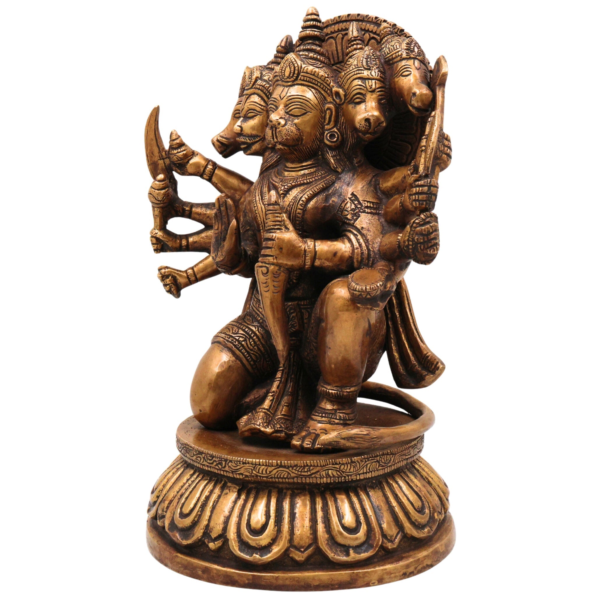 Brass Panchamukhi Hanuman Idol, Handcrafted Murti, Bajrangbali Five-Faced Statue, Anjaneya Sculpture for Pooja, Home Decor & Gifts, Gold, 10 Inch, 1 Piece