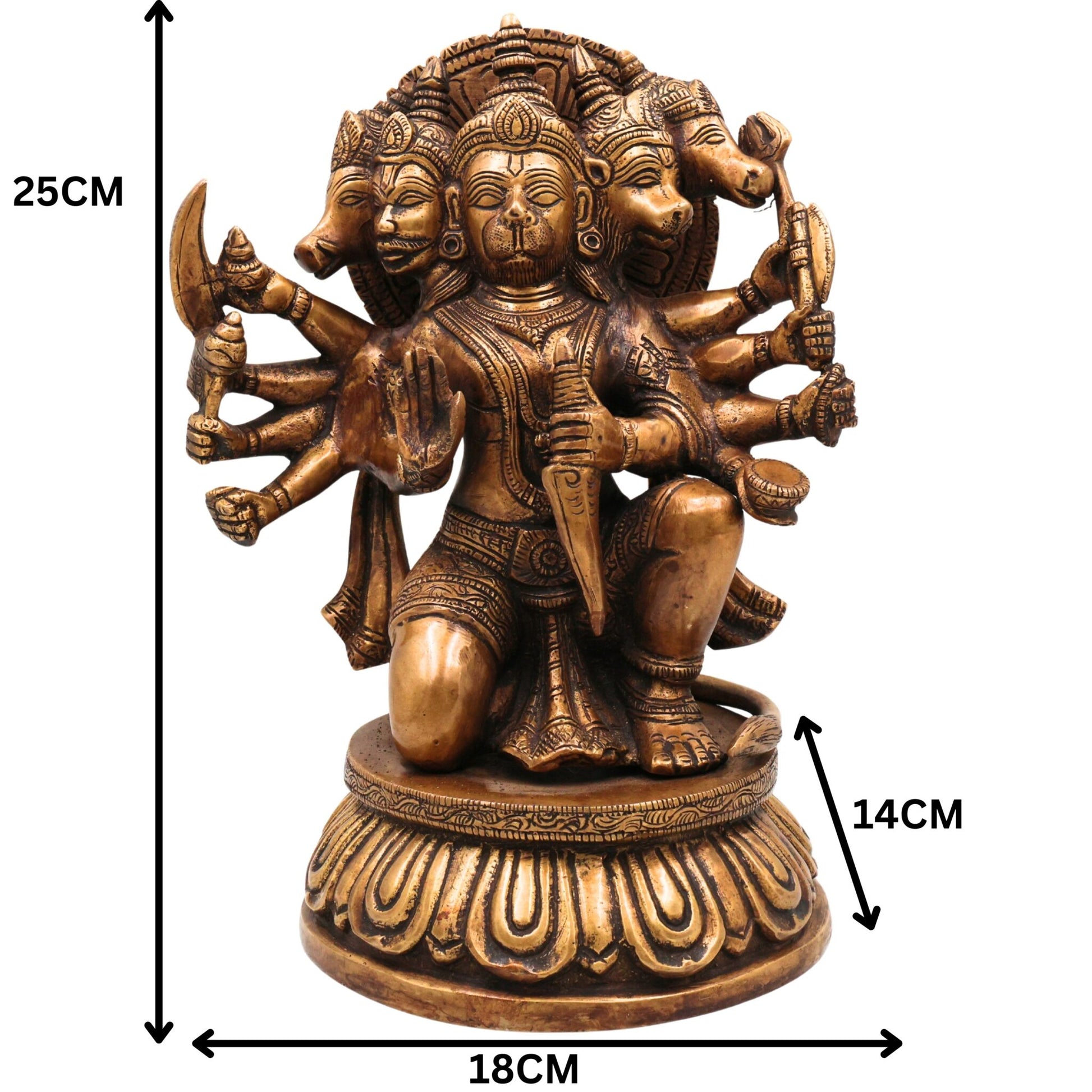 Brass Panchamukhi Hanuman Idol, Handcrafted Murti, Bajrangbali Five-Faced Statue, Anjaneya Sculpture for Pooja, Home Decor & Gifts, Gold, 10 Inch, 1 Piece