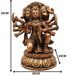 Brass Panchamukhi Hanuman Idol, Handcrafted Murti, Bajrangbali Five-Faced Statue, Anjaneya Sculpture for Pooja, Home Decor & Gifts, Gold, 10 Inch, 1 Piece