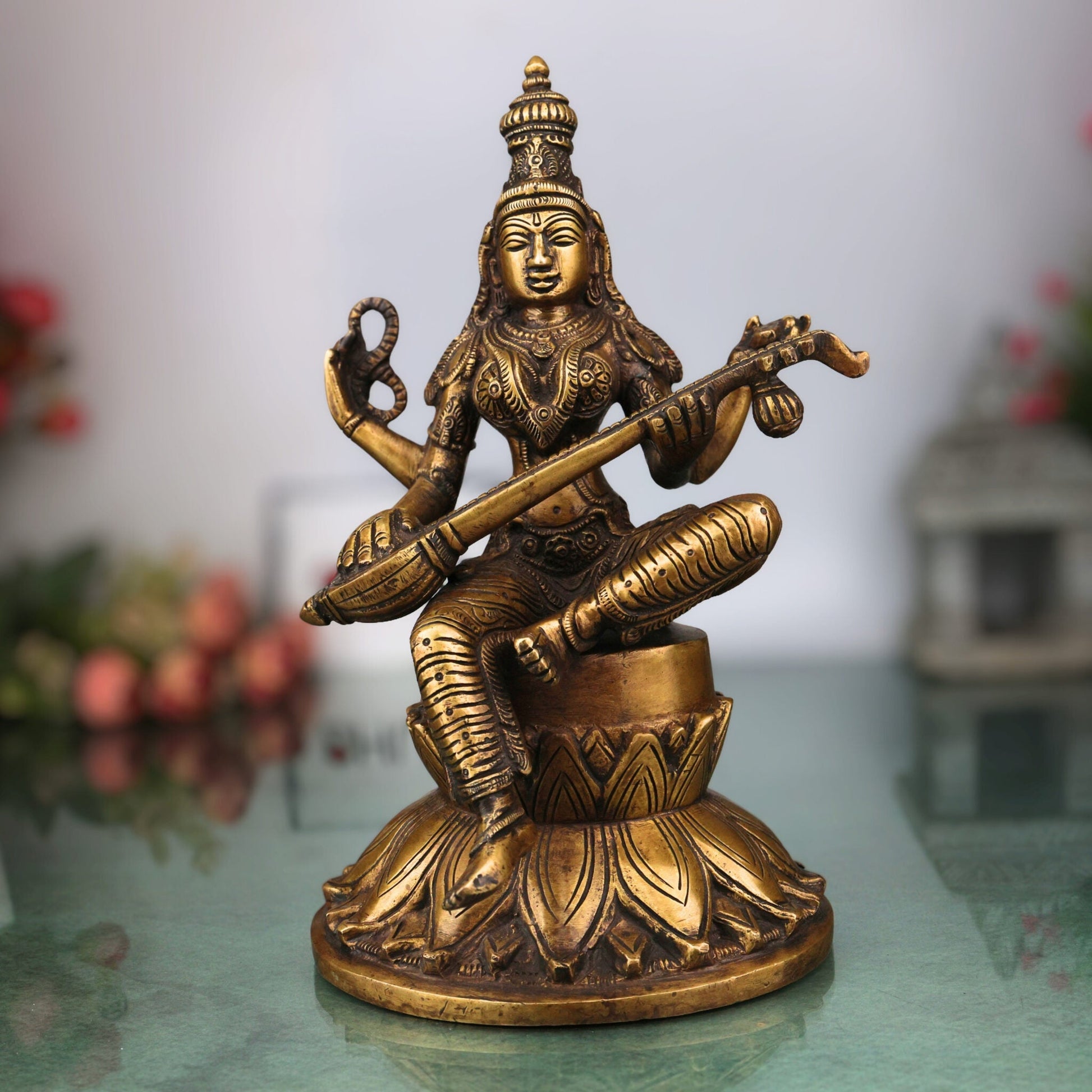 Brass Saraswati Idol, Handcrafted Brass Murti, Goddess Saraswati Statue, Vidya Devi Sculpture for Pooja, Home Decor & Gifts, Gold, 10 Inch, 1 Piece
