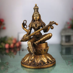 Brass Saraswati Idol, Handcrafted Brass Murti, Goddess Saraswati Statue, Vidya Devi Sculpture for Pooja, Home Decor & Gifts, Gold, 10 Inch, 1 Piece