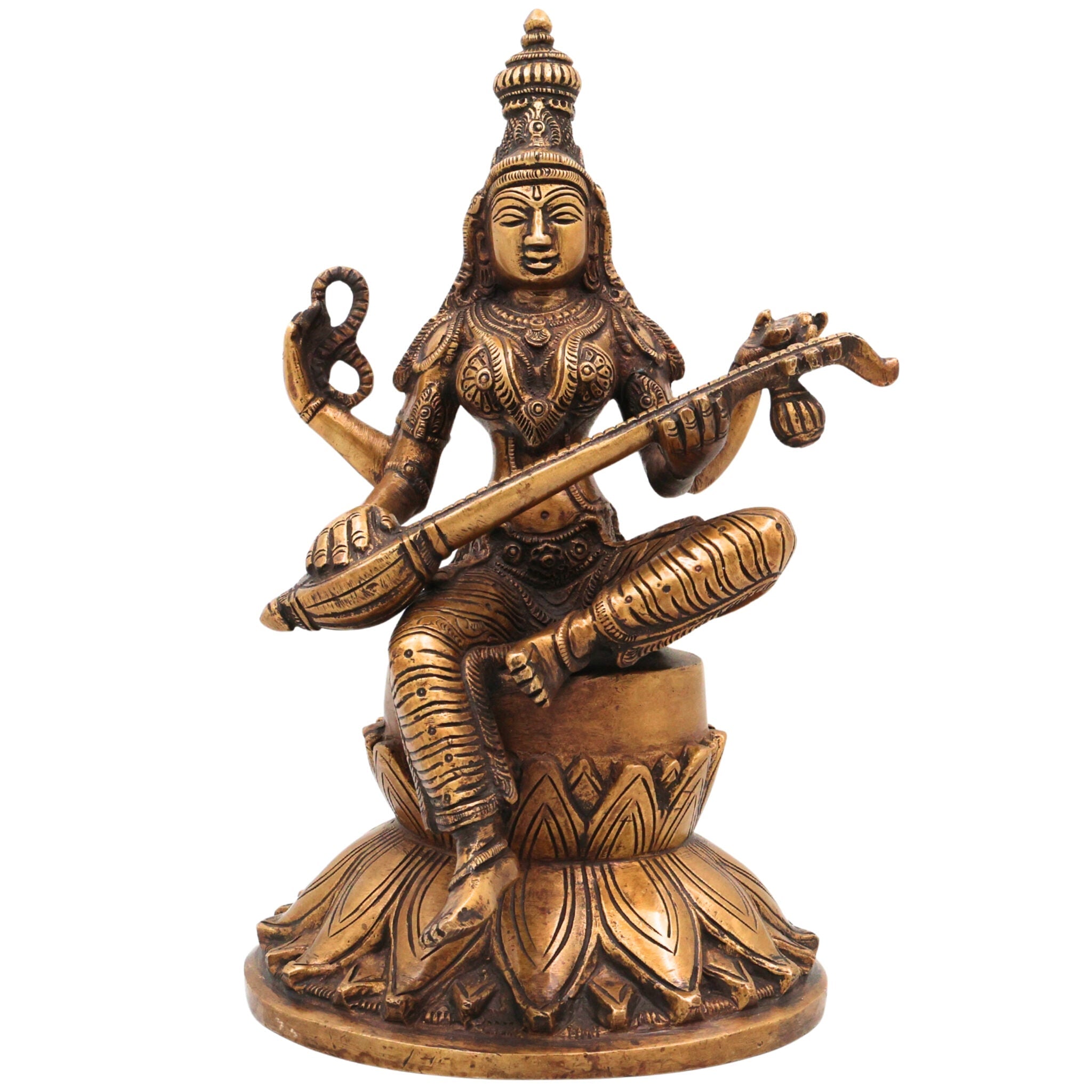 Brass Saraswati Idol, Handcrafted Brass Murti, Goddess Saraswati Statue, Vidya Devi Sculpture for Pooja, Home Decor & Gifts, Gold, 10 Inch, 1 Piece