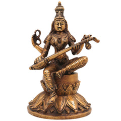 Brass Saraswati Idol, Handcrafted Brass Murti, Goddess Saraswati Statue, Vidya Devi Sculpture for Pooja, Home Decor & Gifts, Gold, 10 Inch, 1 Piece