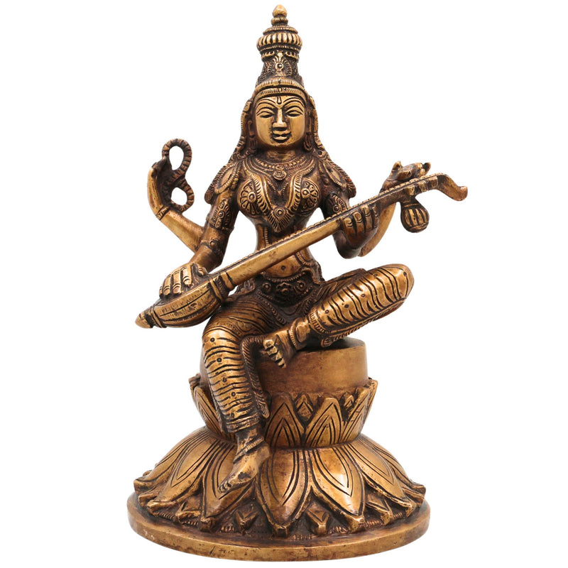 Brass Saraswati Idol, Handcrafted Brass Murti, Goddess Saraswati Statue, Vidya Devi Sculpture for Pooja, Home Decor & Gifts, Gold, 10 Inch, 1 Piece