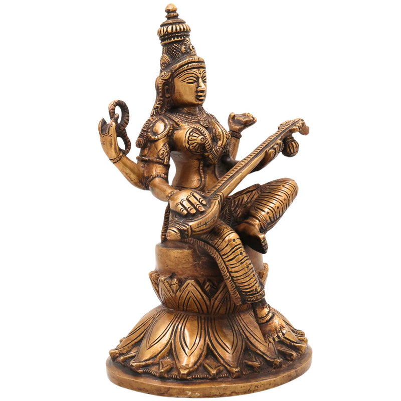 Brass Saraswati Idol, Handcrafted Brass Murti, Goddess Saraswati Statue, Vidya Devi Sculpture for Pooja, Home Decor & Gifts, Gold, 10 Inch, 1 Piece