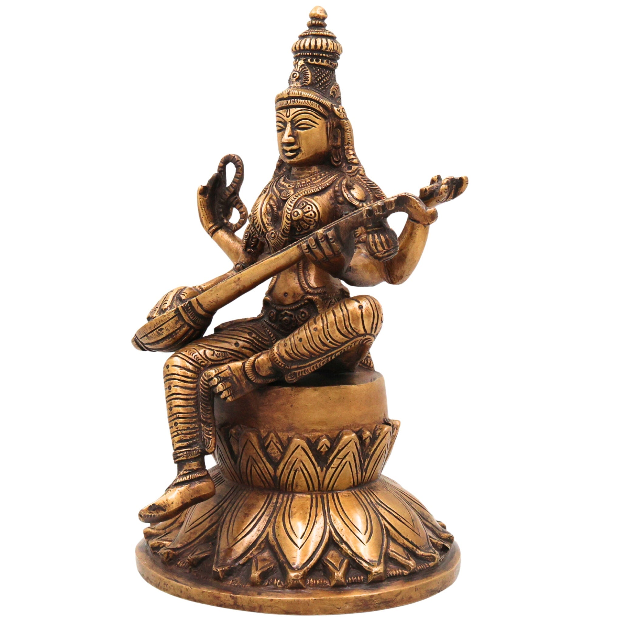 Brass Saraswati Idol, Handcrafted Brass Murti, Goddess Saraswati Statue, Vidya Devi Sculpture for Pooja, Home Decor & Gifts, Gold, 10 Inch, 1 Piece
