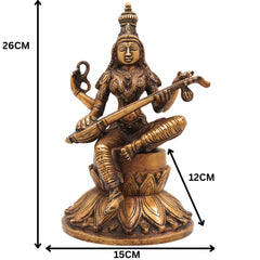Brass Saraswati Idol, Handcrafted Brass Murti, Goddess Saraswati Statue, Vidya Devi Sculpture for Pooja, Home Decor & Gifts, Gold, 10 Inch, 1 Piece