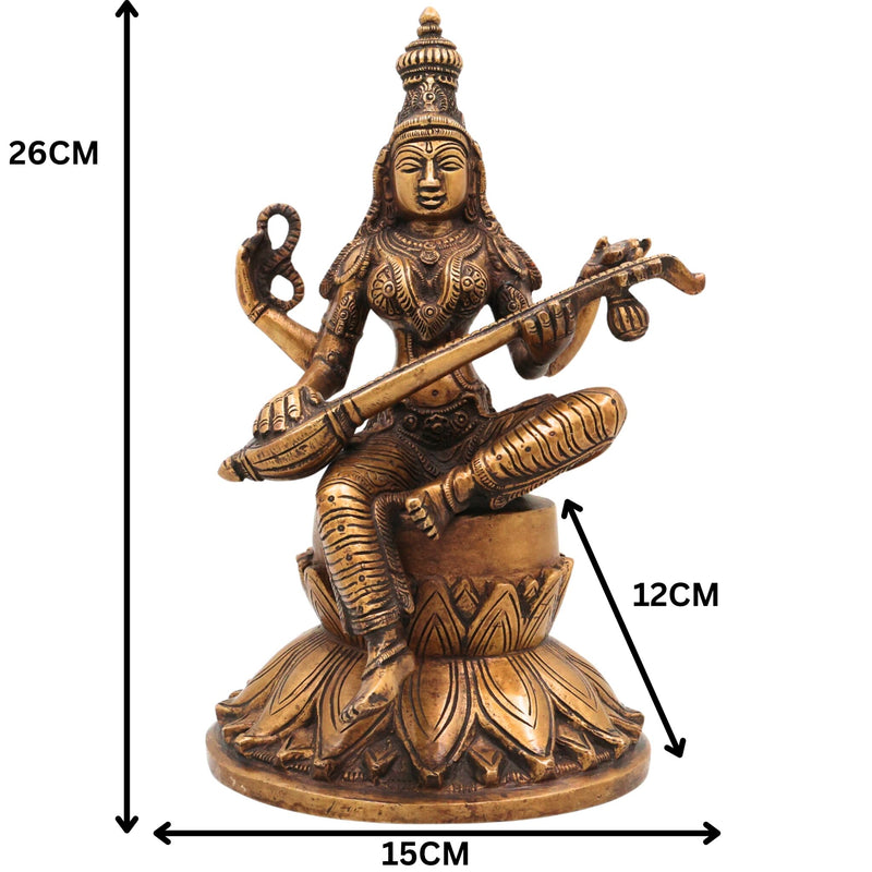 Brass Saraswati Idol, Handcrafted Brass Murti, Goddess Saraswati Statue, Vidya Devi Sculpture for Pooja, Home Decor & Gifts, Gold, 10 Inch, 1 Piece