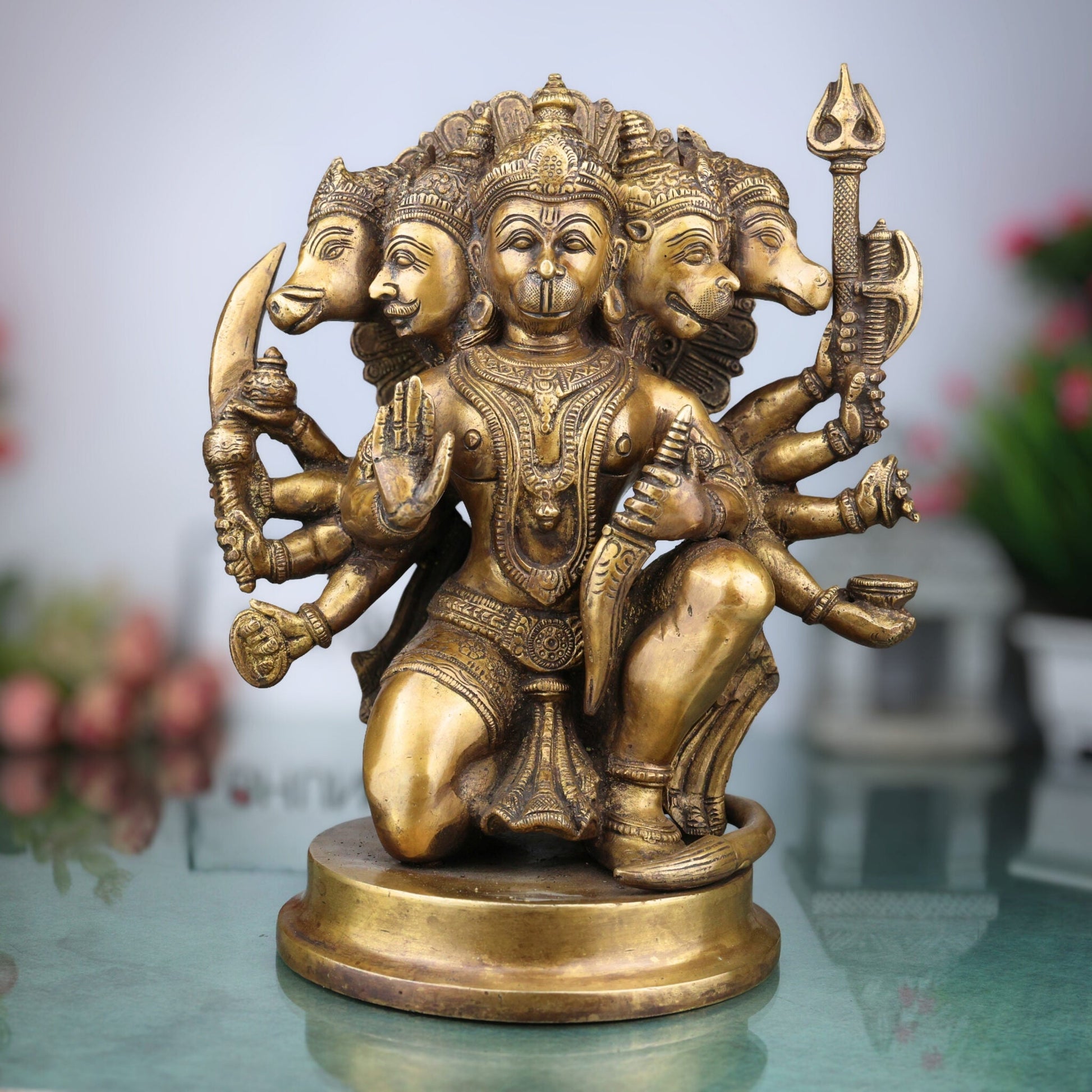 Brass Pancha Mukhi Hanuman Idol, Handcrafted Brass Murti, Bajrangbali Five-Faced Statue, Anjaneya Sculpture for Pooja, Home Decor & Gifts, Gold, 10.5 Inch, 1 Piece