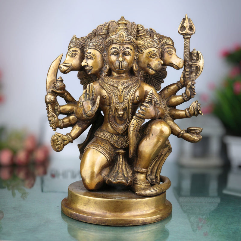 Brass Pancha Mukhi Hanuman Idol, Handcrafted Brass Murti, Bajrangbali Five-Faced Statue, Anjaneya Sculpture for Pooja, Home Decor & Gifts, Gold, 10.5 Inch, 1 Piece
