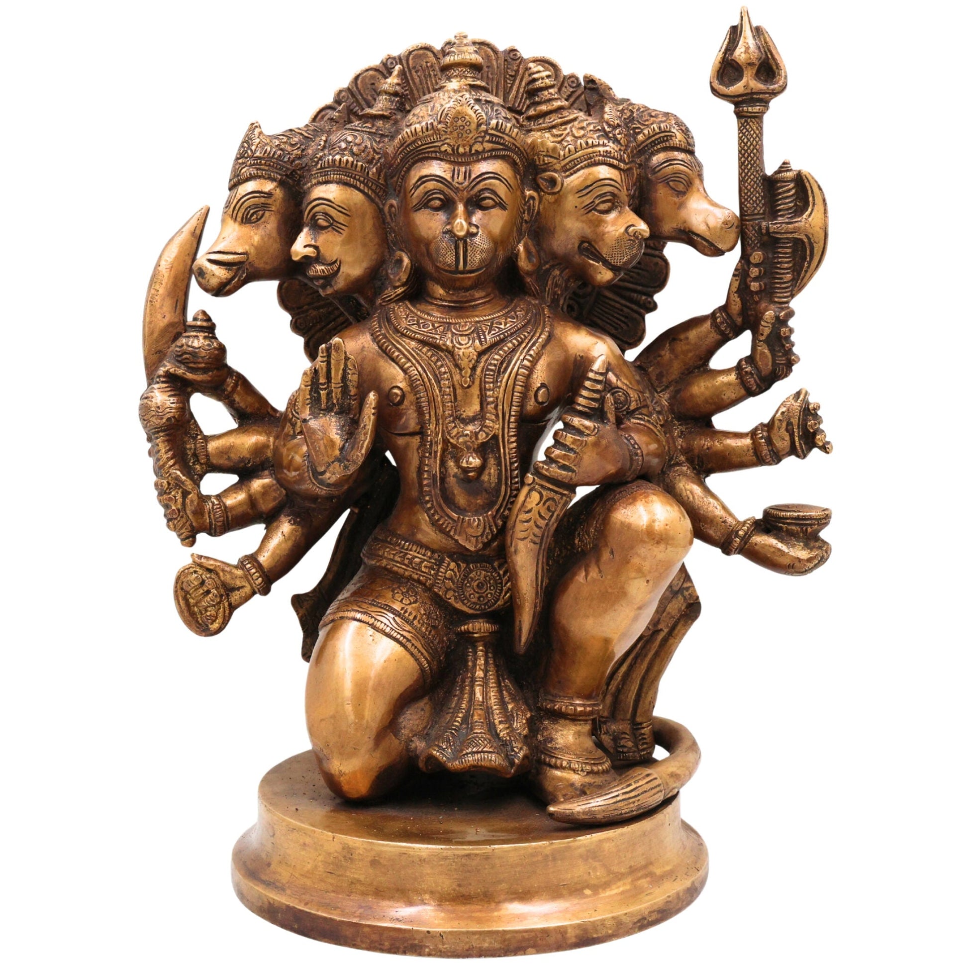 Brass Pancha Mukhi Hanuman Idol, Handcrafted Brass Murti, Bajrangbali Five-Faced Statue, Anjaneya Sculpture for Pooja, Home Decor & Gifts, Gold, 10.5 Inch, 1 Piece