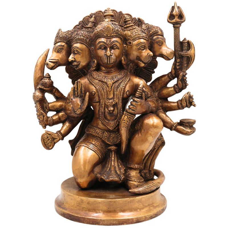 Brass Pancha Mukhi Hanuman Idol, Handcrafted Brass Murti, Bajrangbali Five-Faced Statue, Anjaneya Sculpture for Pooja, Home Decor & Gifts, Gold, 10.5 Inch, 1 Piece