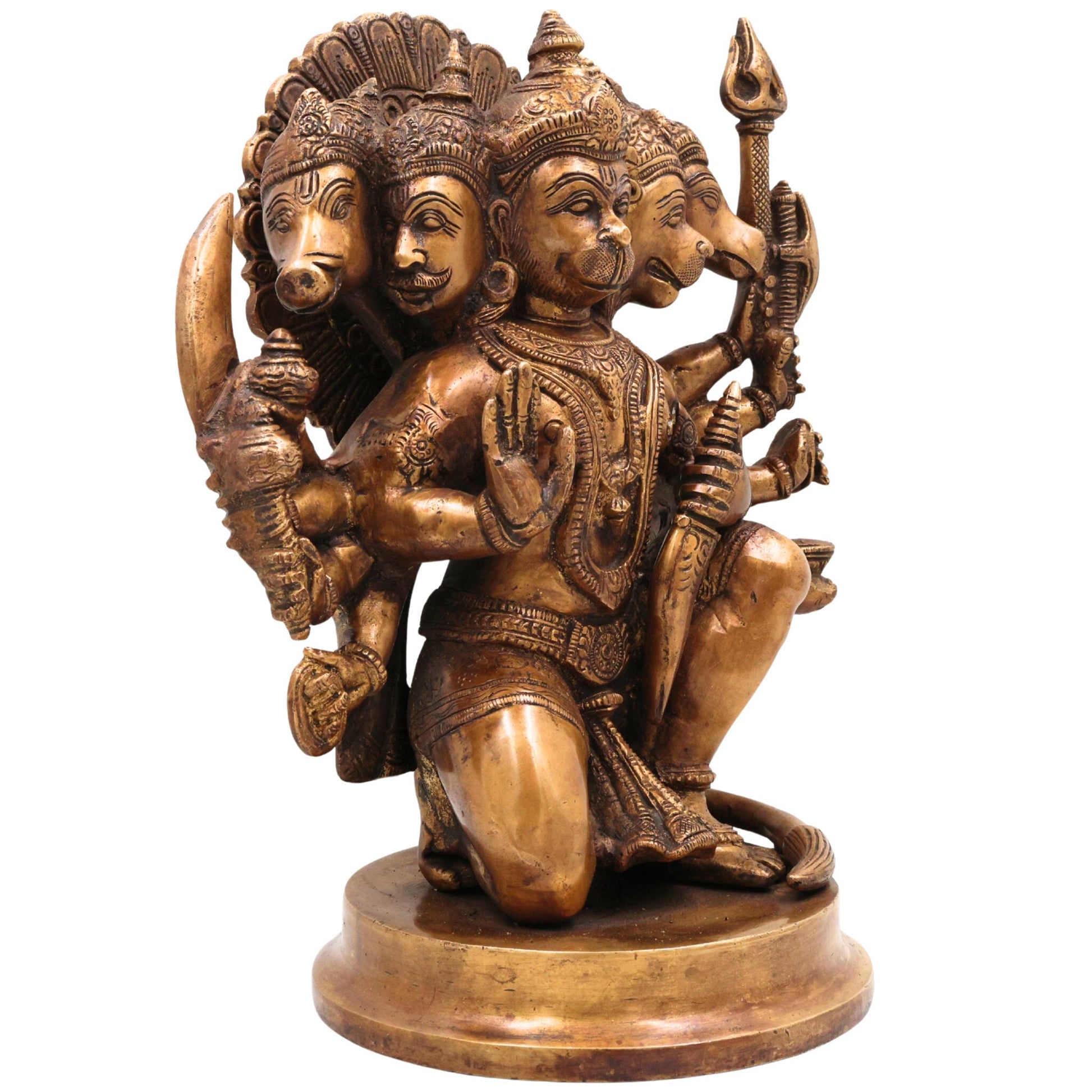 Brass Pancha Mukhi Hanuman Idol, Handcrafted Brass Murti, Bajrangbali Five-Faced Statue, Anjaneya Sculpture for Pooja, Home Decor & Gifts, Gold, 10.5 Inch, 1 Piece