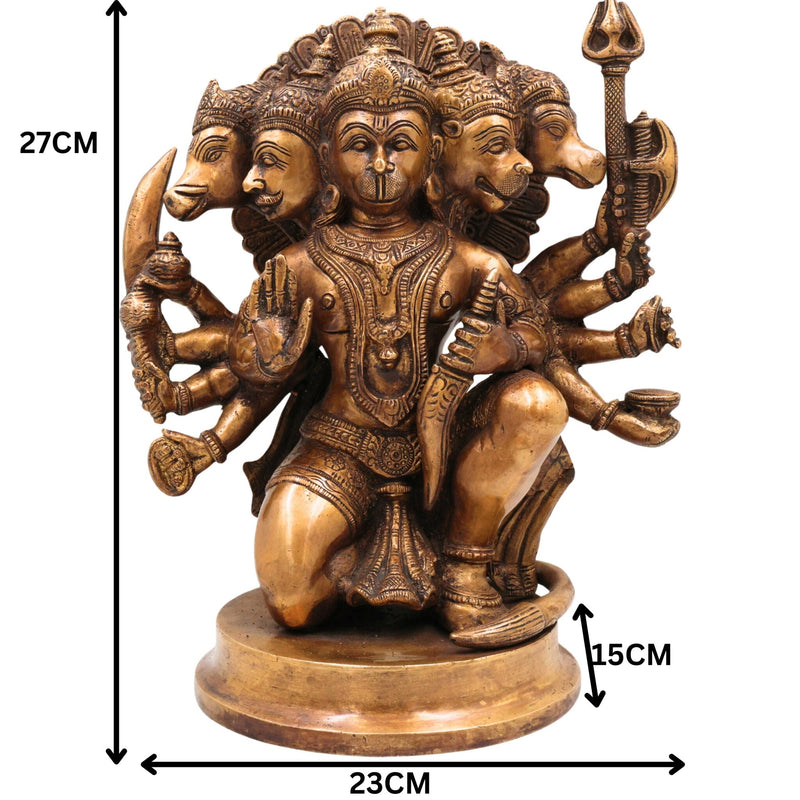 Brass Pancha Mukhi Hanuman Idol, Handcrafted Brass Murti, Bajrangbali Five-Faced Statue, Anjaneya Sculpture for Pooja, Home Decor & Gifts, Gold, 10.5 Inch, 1 Piece