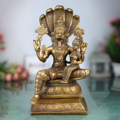 Brass Lakshmi Narasimha Idol, Handcrafted Murti, Lord Narasimha with Goddess Lakshmi Statue for Pooja, Home Decor & Gifts, Gold, 12.5 Inch, 1 Piece
