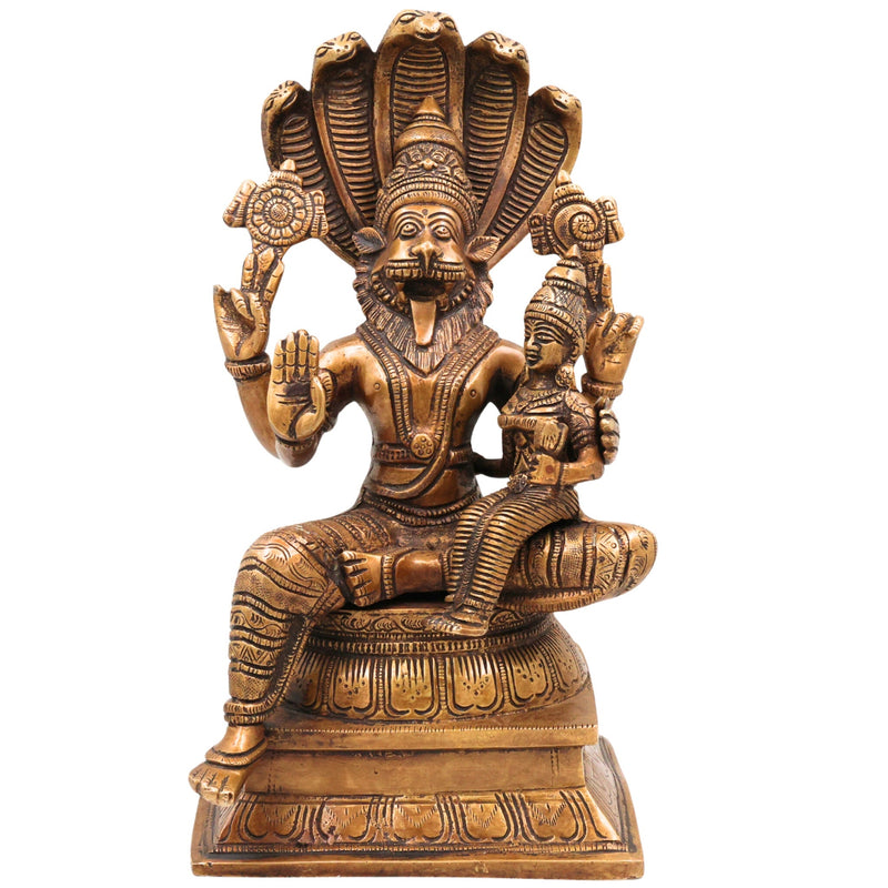 Brass Lakshmi Narasimha Idol, Handcrafted Murti, Lord Narasimha with Goddess Lakshmi Statue for Pooja, Home Decor & Gifts, Gold, 12.5 Inch, 1 Piece