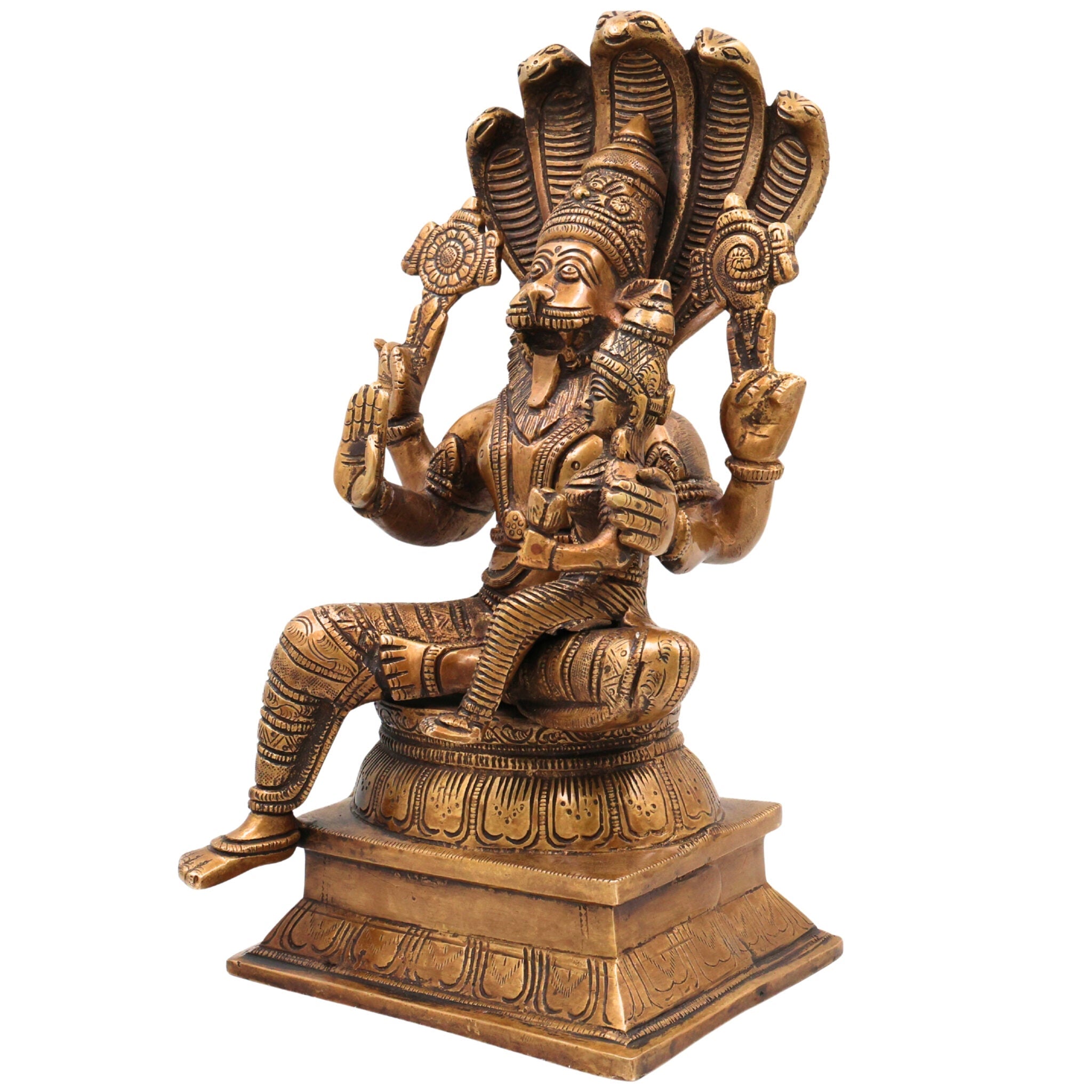 Brass Lakshmi Narasimha Idol, Handcrafted Murti, Lord Narasimha with Goddess Lakshmi Statue for Pooja, Home Decor & Gifts, Gold, 12.5 Inch, 1 Piece