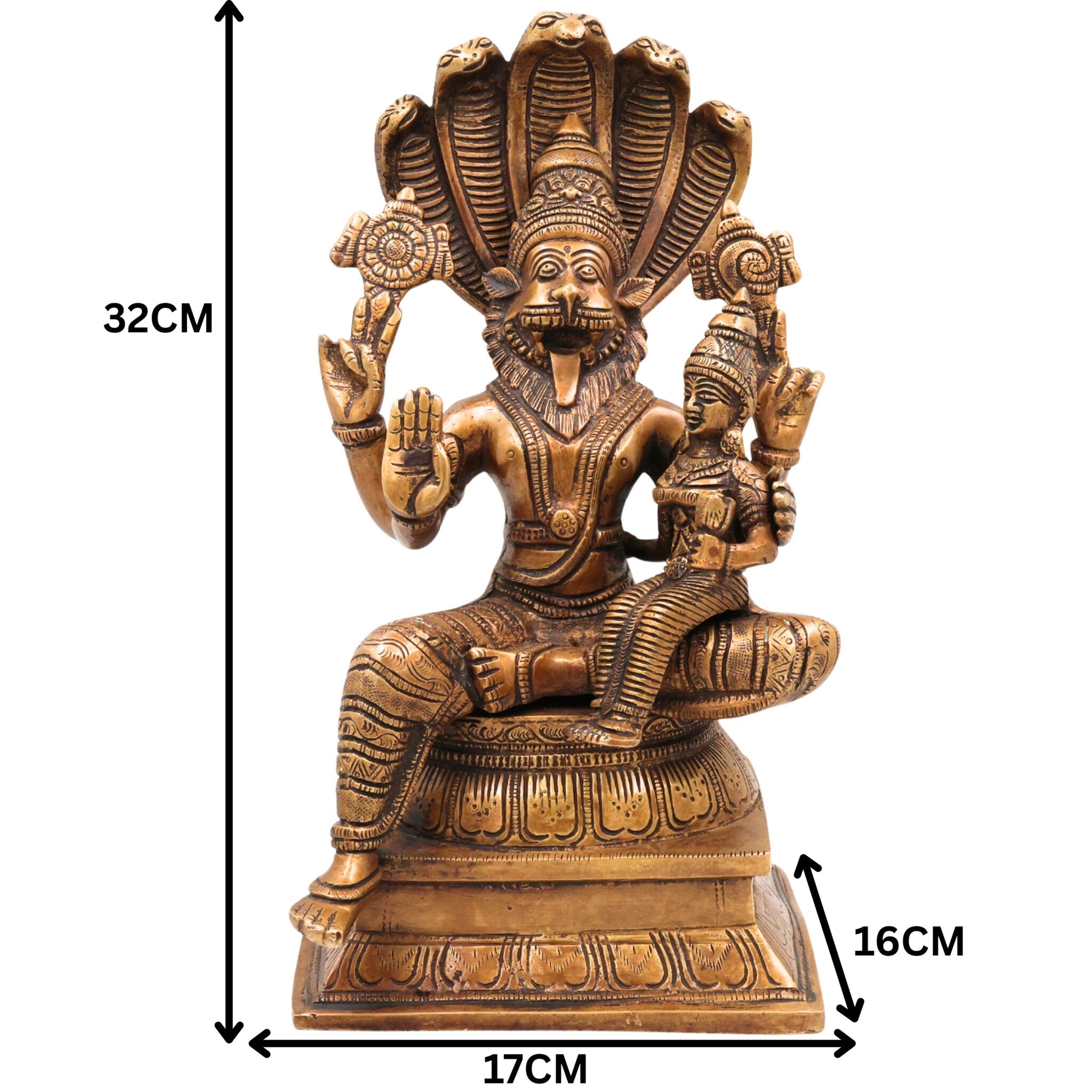 Brass Lakshmi Narasimha Idol, Handcrafted Murti, Lord Narasimha with Goddess Lakshmi Statue for Pooja, Home Decor & Gifts, Gold, 12.5 Inch, 1 Piece