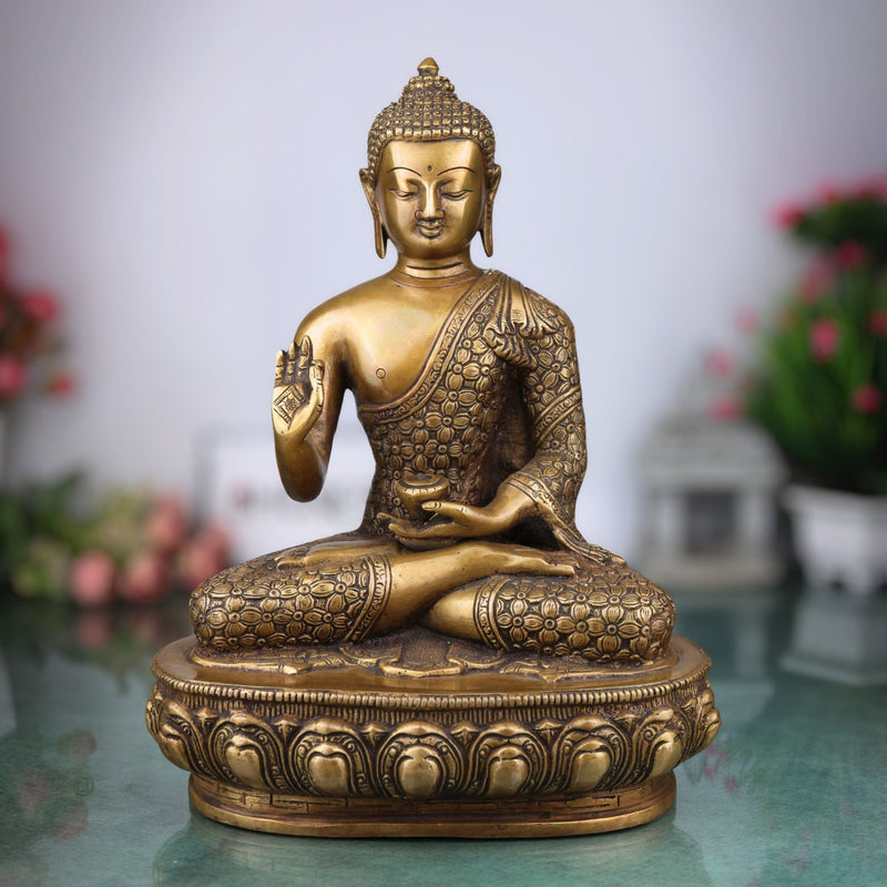 Brass Buddha Idol, Handcrafted Gautama Buddha Statue, Meditation Murti, Peaceful Buddha Sculpture for Home Decor & Spiritual Gifts, Gold, 13.5 Inch, 1 Piece