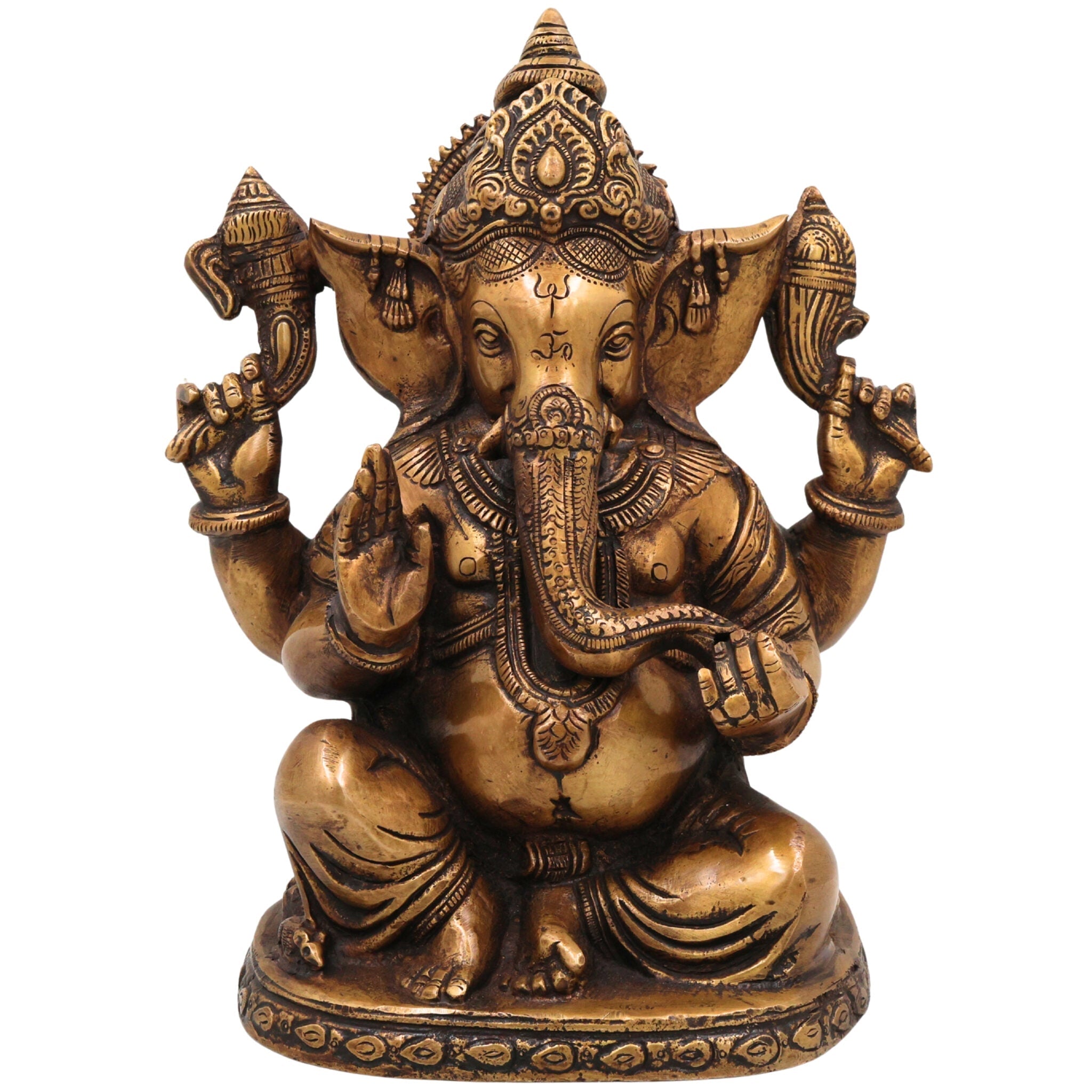 Brass Handcrafted Ganesha Idol, Vinayaka Sculpture, Lord Ganapati Statue for Pooja, Home Decor & Gifts, Gold, 9 Inch, 1 Piece