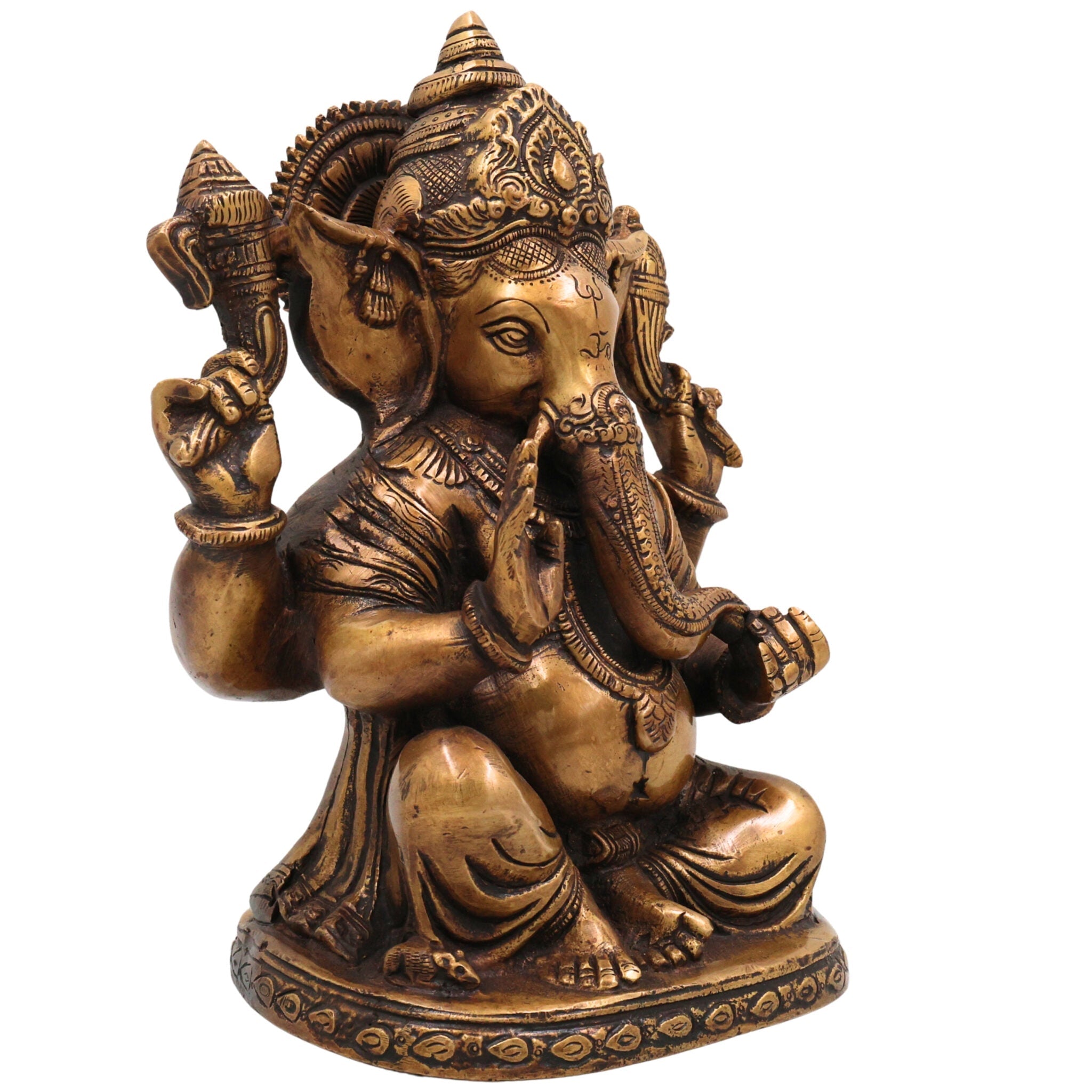 Brass Handcrafted Ganesha Idol, Vinayaka Sculpture, Lord Ganapati Statue for Pooja, Home Decor & Gifts, Gold, 9 Inch, 1 Piece