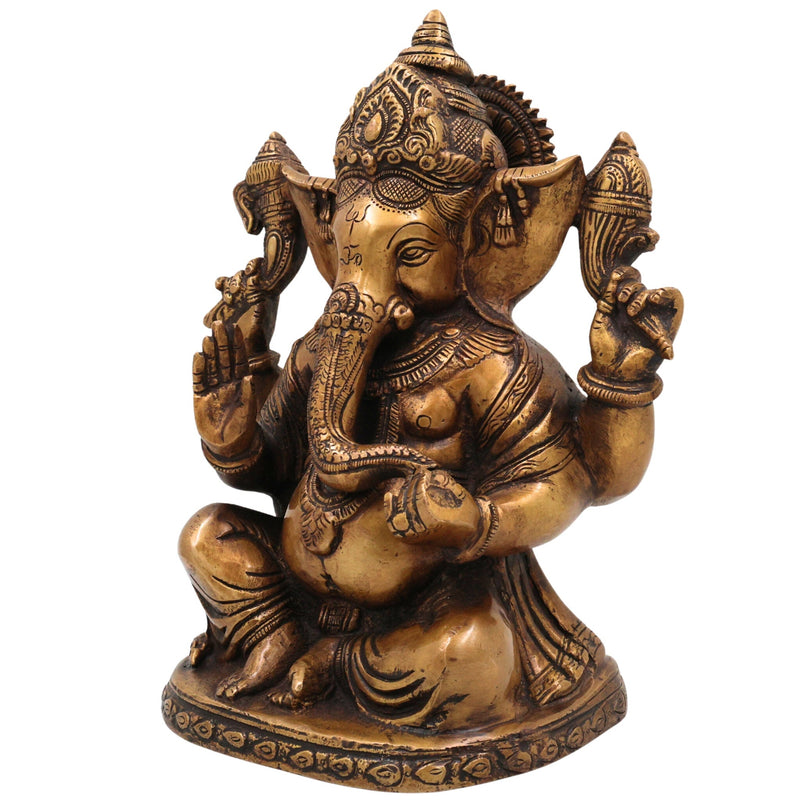 Brass Handcrafted Ganesha Idol, Vinayaka Sculpture, Lord Ganapati Statue for Pooja, Home Decor & Gifts, Gold, 9 Inch, 1 Piece