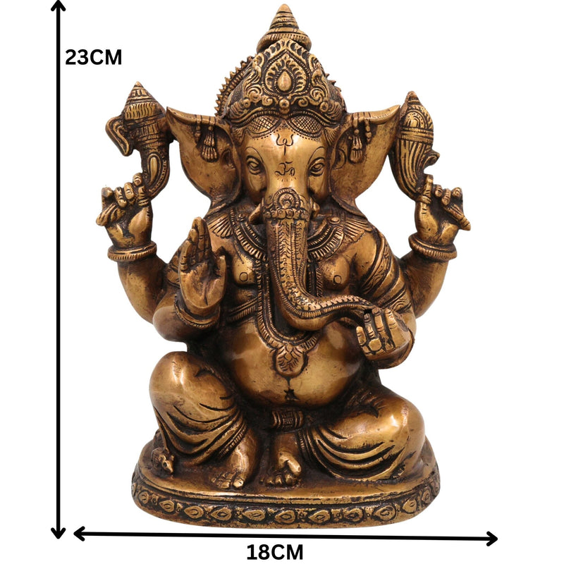Brass Handcrafted Ganesha Idol, Vinayaka Sculpture, Lord Ganapati Statue for Pooja, Home Decor & Gifts, Gold, 9 Inch, 1 Piece