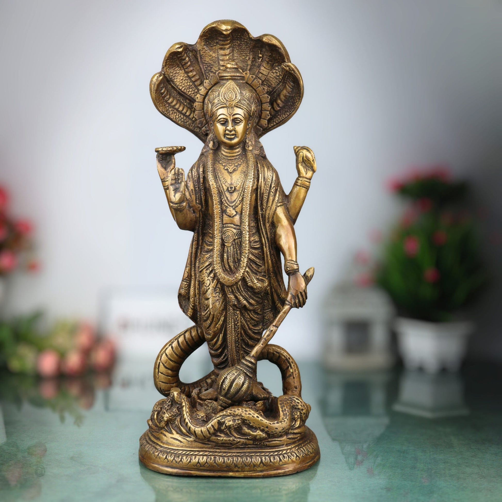 Brass Vishnu Idol on Sheshanag, Handcrafted Murti, Lord Vishnu Standing Statue, Narayana Sculpture for Pooja, Home Decor & Gifts, Gold, 17 Inch, 1 Piece