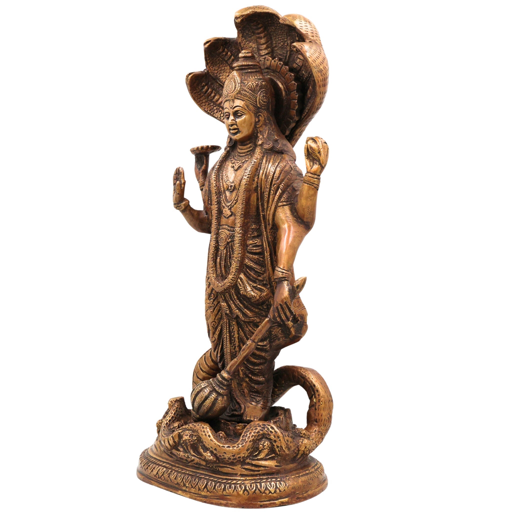 Brass Vishnu Idol on Sheshanag, Handcrafted Murti, Lord Vishnu Standing Statue, Narayana Sculpture for Pooja, Home Decor & Gifts, Gold, 17 Inch, 1 Piece