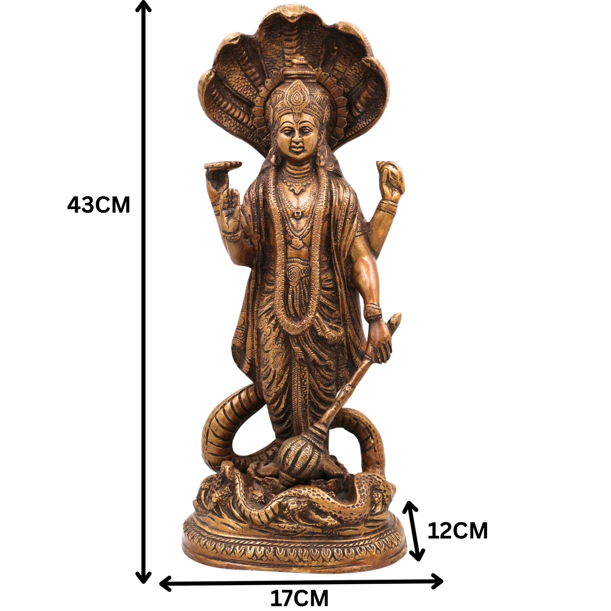 Brass Vishnu Idol on Sheshanag, Handcrafted Murti, Lord Vishnu Standing Statue, Narayana Sculpture for Pooja, Home Decor & Gifts, Gold, 17 Inch, 1 Piece