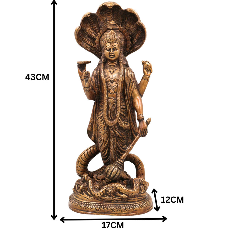 Brass Vishnu Idol on Sheshanag, Handcrafted Murti, Lord Vishnu Standing Statue, Narayana Sculpture for Pooja, Home Decor & Gifts, Gold, 17 Inch, 1 Piece