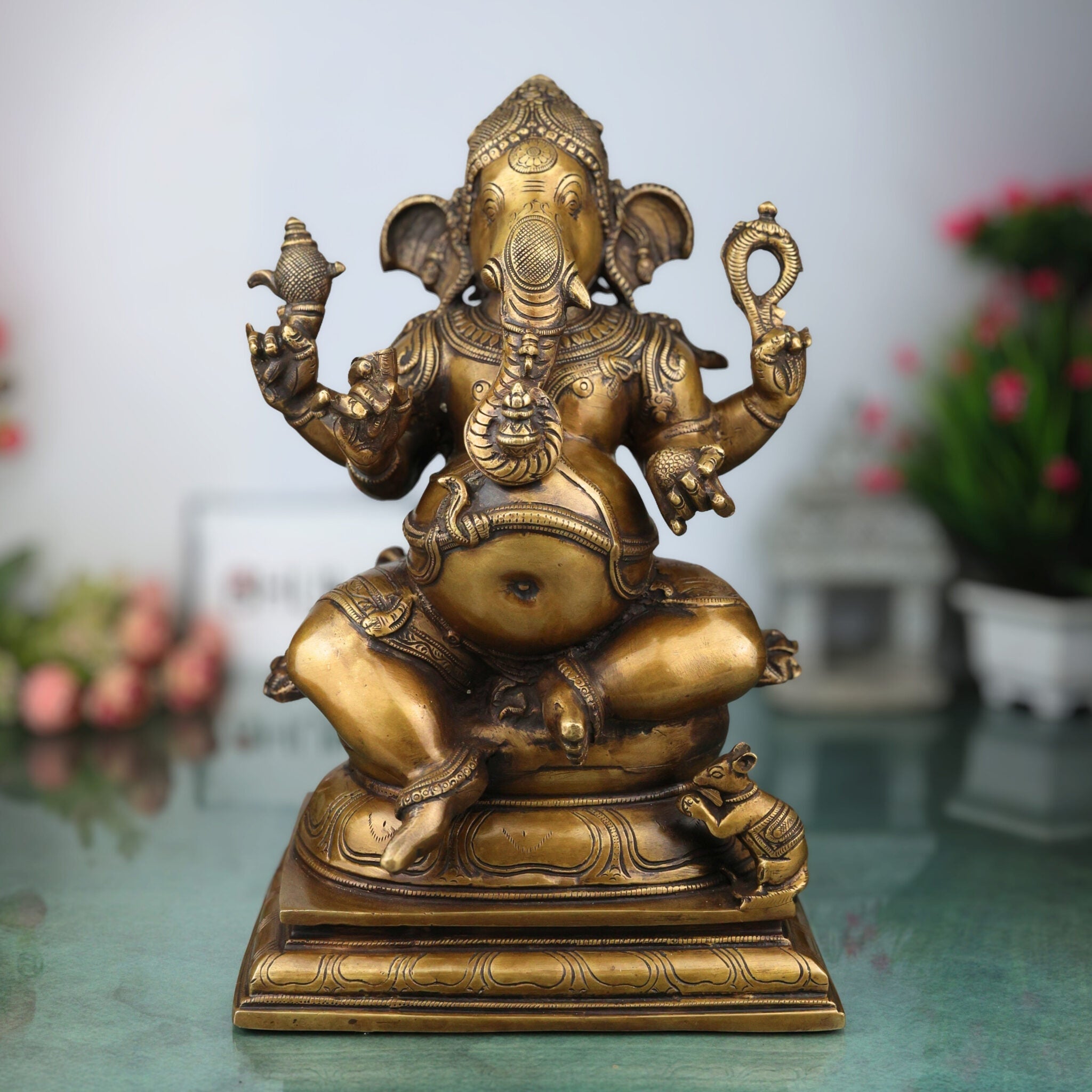 Brass Ganesha Idol, Handcrafted Murti, Lord Ganapati Statue, Vinayaka Sculpture for Pooja, Home Decor & Gifts, Gold, 13.5 Inch, 1 Piece