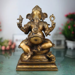 Brass Ganesha Idol, Handcrafted Murti, Lord Ganapati Statue, Vinayaka Sculpture for Pooja, Home Decor & Gifts, Gold, 13.5 Inch, 1 Piece