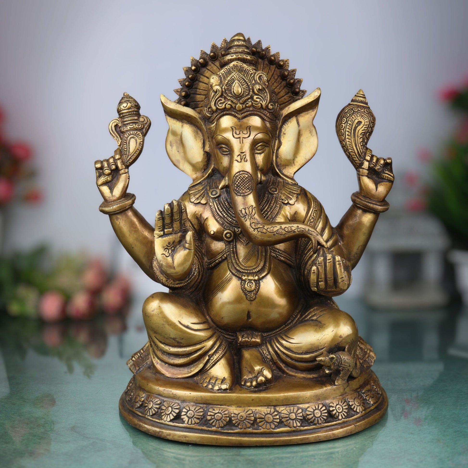 Brass Handcrafted Ganesha Idol, Lord Ganapati Statue, Vinayaka Sculpture for Pooja, Home Decor & Gifts, Gold, 12 Inch, 1 Piece