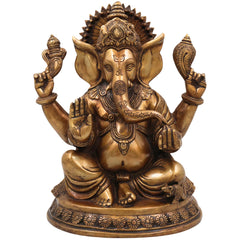 Brass Handcrafted Ganesha Idol, Lord Ganapati Statue, Vinayaka Sculpture for Pooja, Home Decor & Gifts, Gold, 12 Inch, 1 Piece